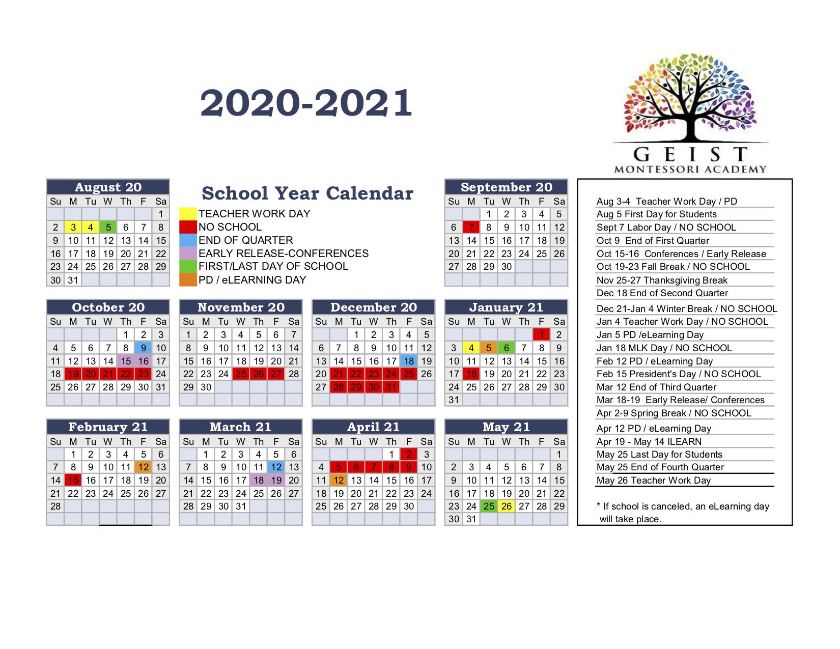 Calendar Geist Montessori PreK